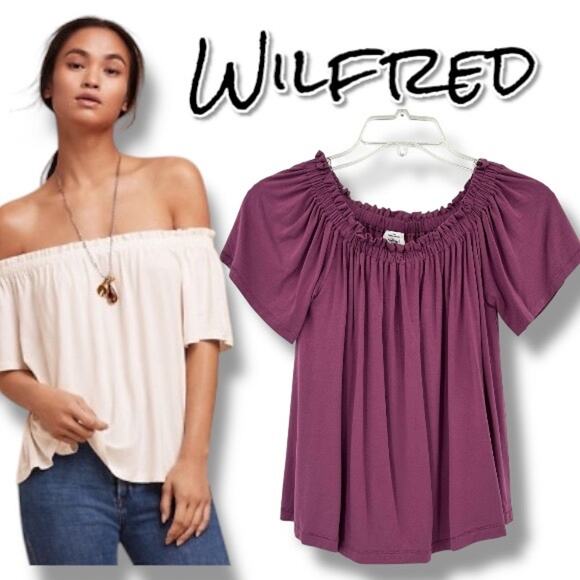 Wilfred Tops - Wilfred Sartre Aritzia Off Shoulder Blouse Short Sleeve Mauve Womens Sz XXS